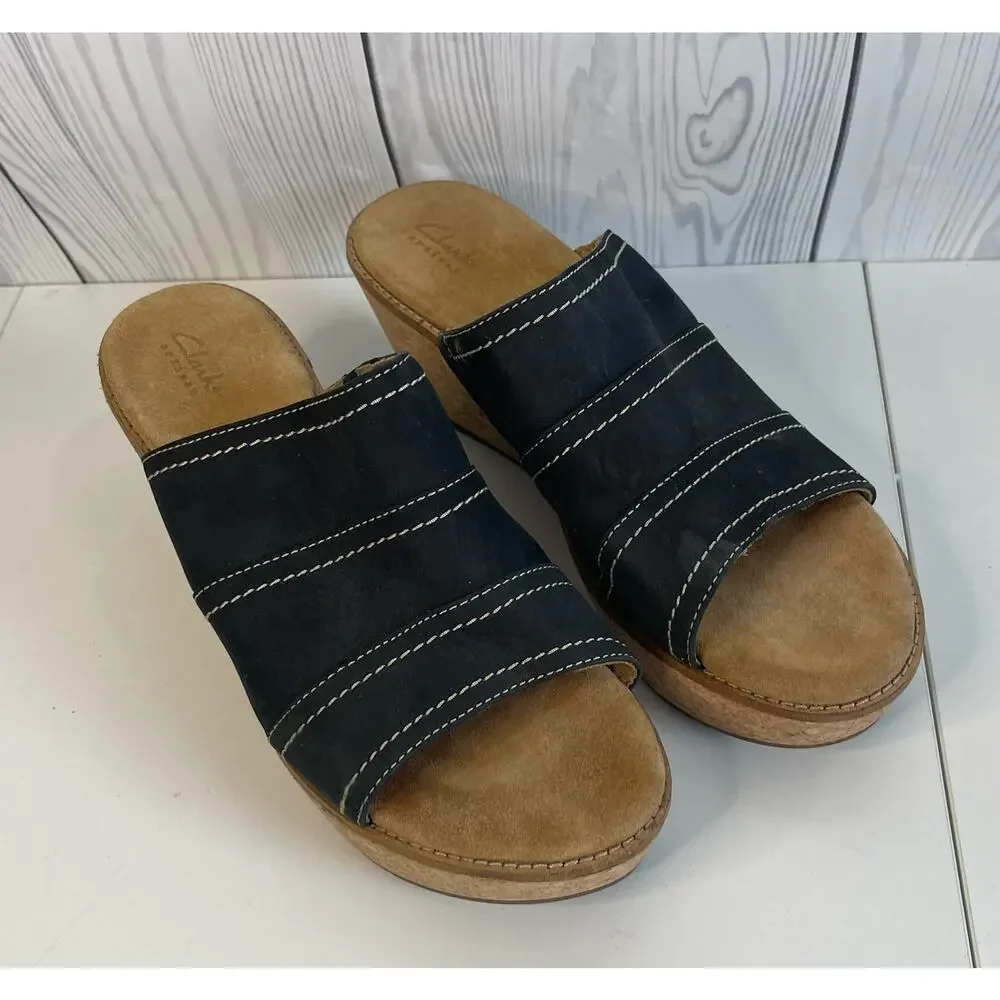Clarks artisan Black Slip On Wedge Heel Aandals Cork Women’s Size 10 WIDE
